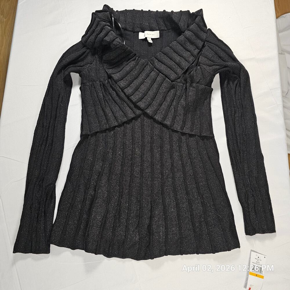 Fever Black Metallic Ribbed Knit Ruffle Collar Top Long Sleeve Small